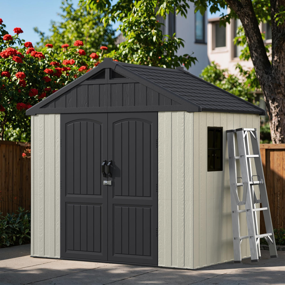 Greesum 8×6 FT Plastic Outdoor Storage Shed with Floor, Resin Sheds with Window and Lockable Door, Weather Resistant Organization for Garden, Lawn, Pool Supplies, Beige Greesum