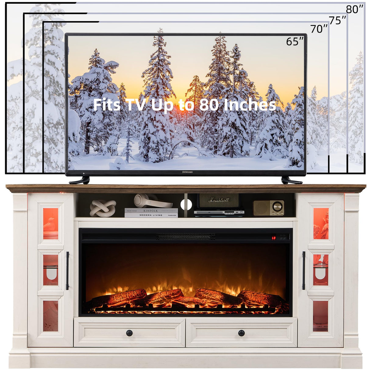 OKD Fireplace TV Stand for up-to-80 TV, Farmhouse 36" Tall Entertainment Center with 42" Electric Fireplace, Media Console with Glass Door Cabinets & Drawers for Living Room, Antique White OKD