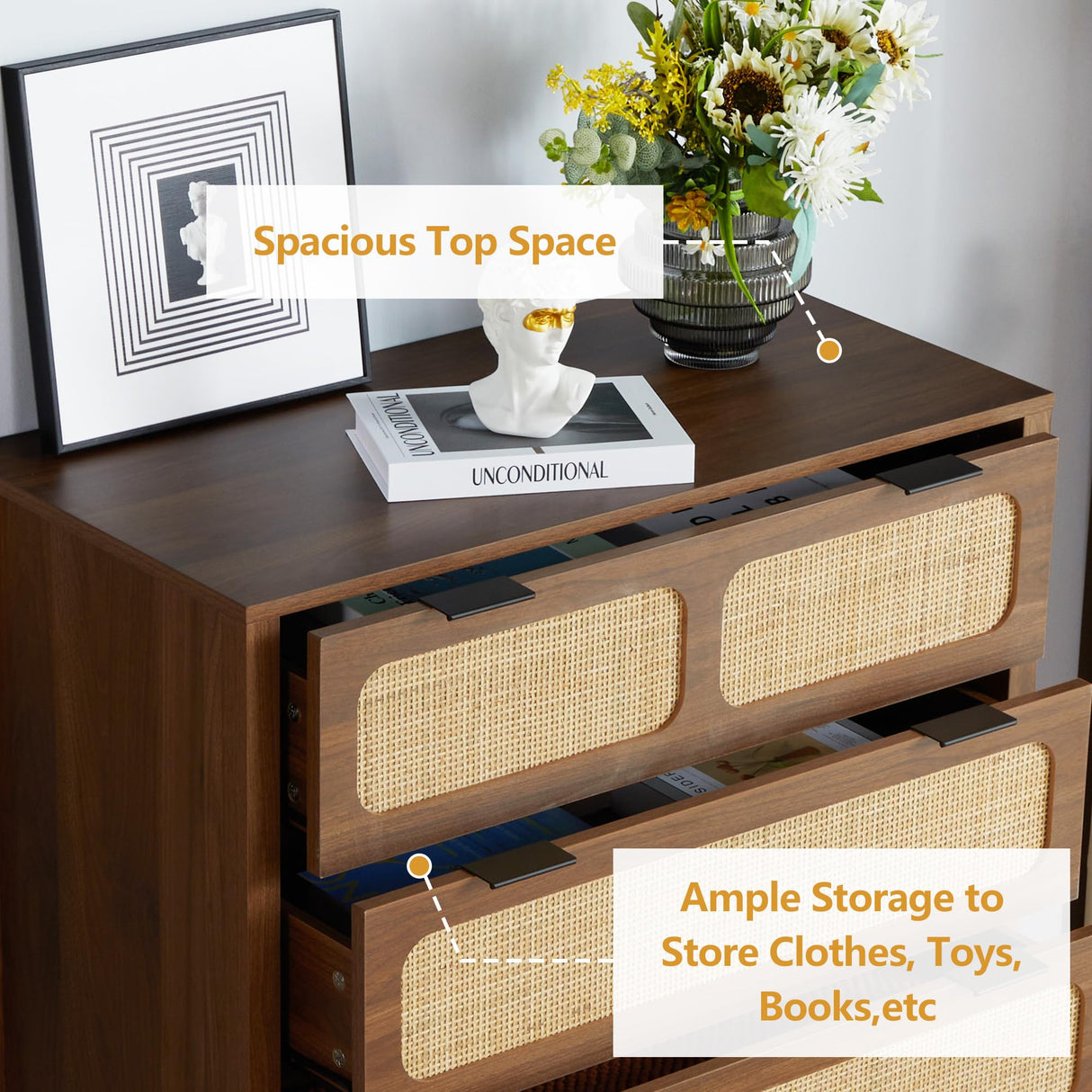 LEVNARY 5 Drawer Chest Dresser, Rattan Tall Dresser 5 Chest of Drawers for Bedroom, Wood Storage Cane Cabinet with Metal Handles, for Living Room, Hallway, Nursery (Walnut) LEVNARY