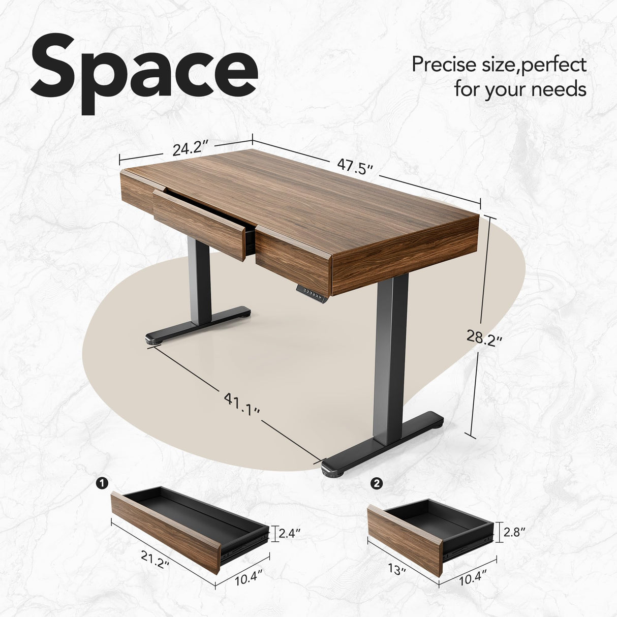 HUANUO Electric Standing Desk with 3 Drawers, 48 Inches Height Adjustable Stand Up Desk, Whole-Piece Board Computer Workstation with 4 Memory Height Settings, Black Walnut HUANUO
