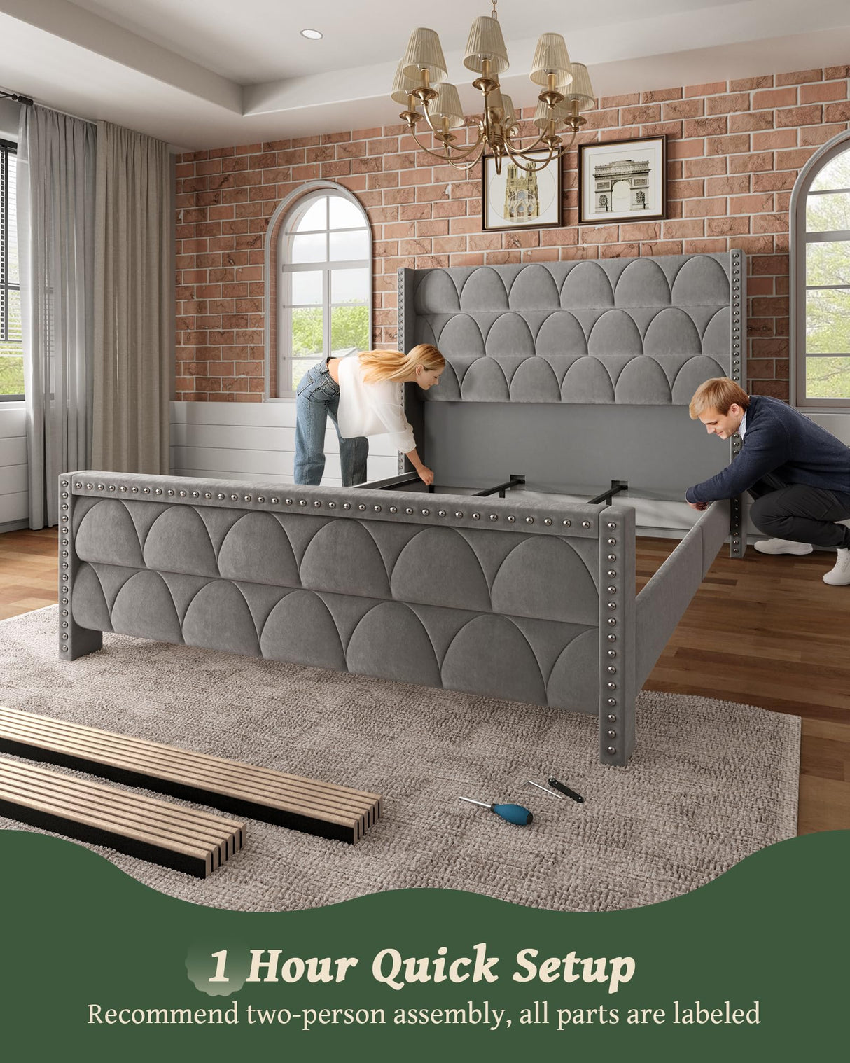 OHOHOLIVE King Size Bed Frame with 56" Headboard - 1000LBS Capacity Support, Velvet Upholstered Wingback Platform Bed Frame, Noise Free, Sturdy Wooden Slat Support OHOHOLIVE