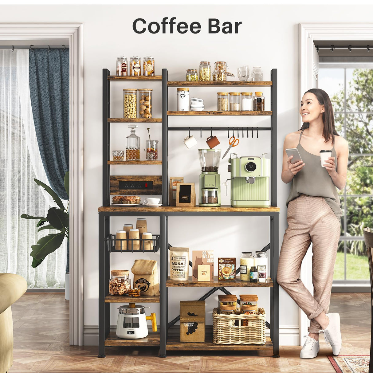 Baker Rack with Power Outlet - Large Microwave Stand with Storage, Kitchen Coffee Bar Station, Rustic Brown and Black, 14.5" D x 36" W x 72" H SAYZH