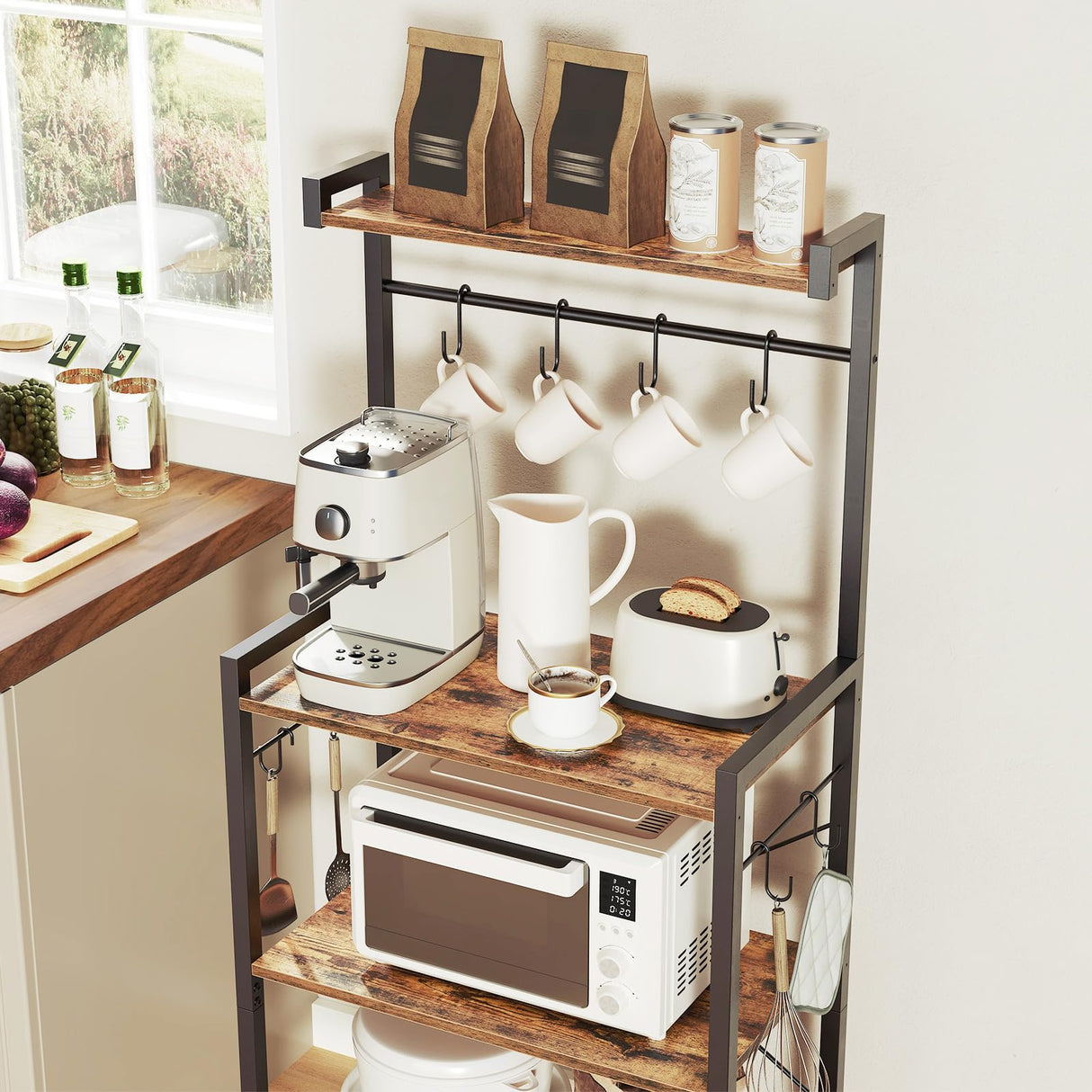 HOOBRO Rustic Brown 4-Tier Multifunctional Baker's Rack with Storage & Hooks for Kitchen and Living Spaces HOOBRO