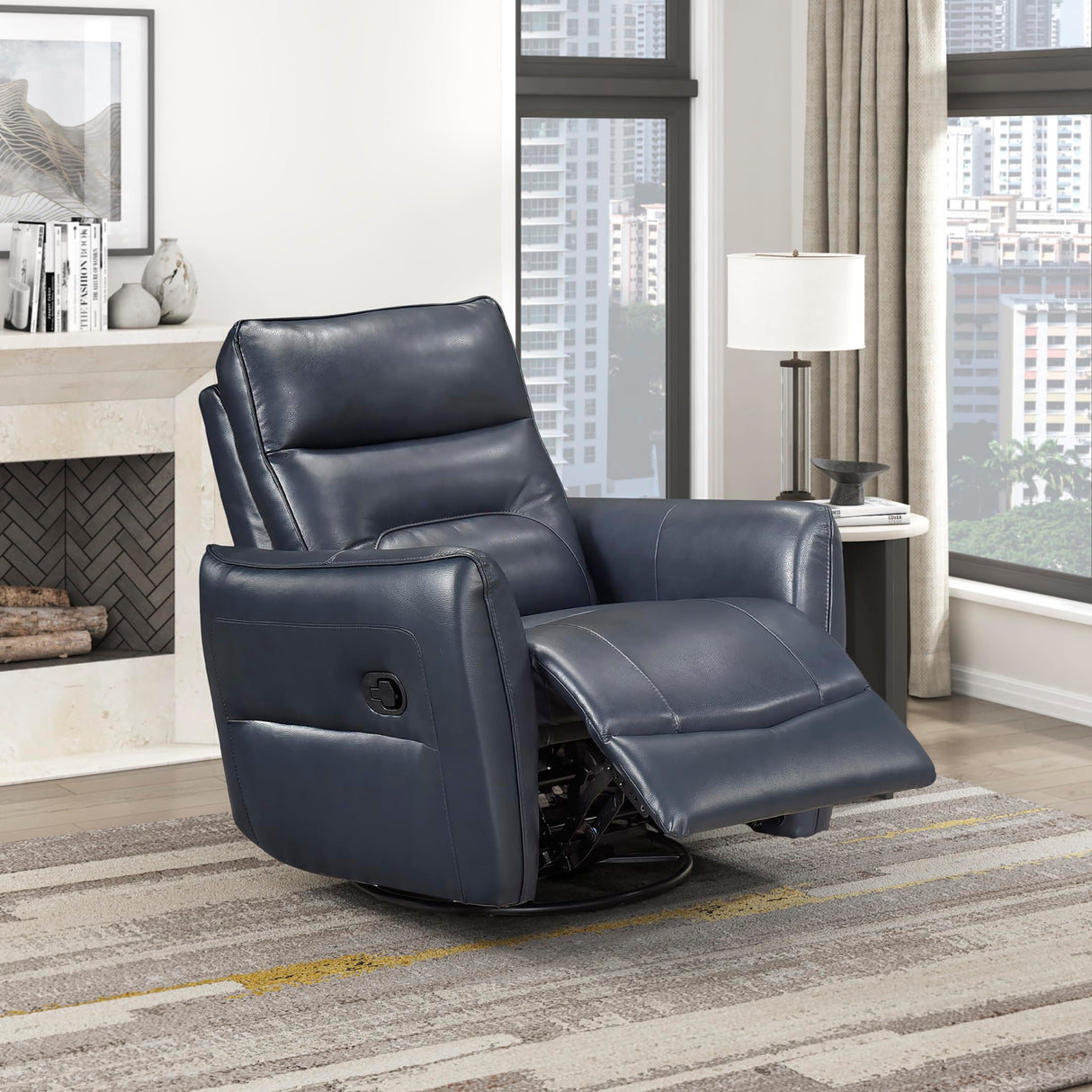 Lexicon Swivel Glider Reclining Chair, Top Grain Leather Match Manual Recliner, Comfy Nursery Glider Recliner, Swivel Reclining Chair for Living Room/Office/Bedroom/Apartment, Dark Blue Lexicon