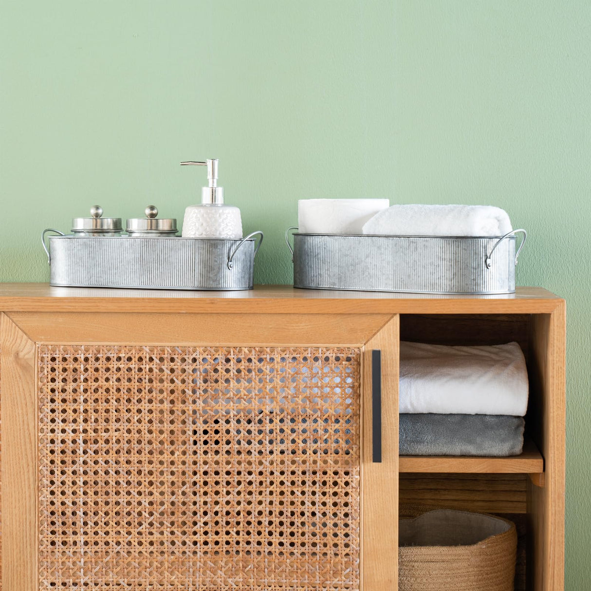 Mkono Metal Storage Basket for Toilet Tank Top Bathroom Decor, Galvanized Tray with Handle for Shelves, Farmhouse Toilet Paper Holder Organizing Bin Box for Countertop Living Room, Set of 2, Silver Mkono