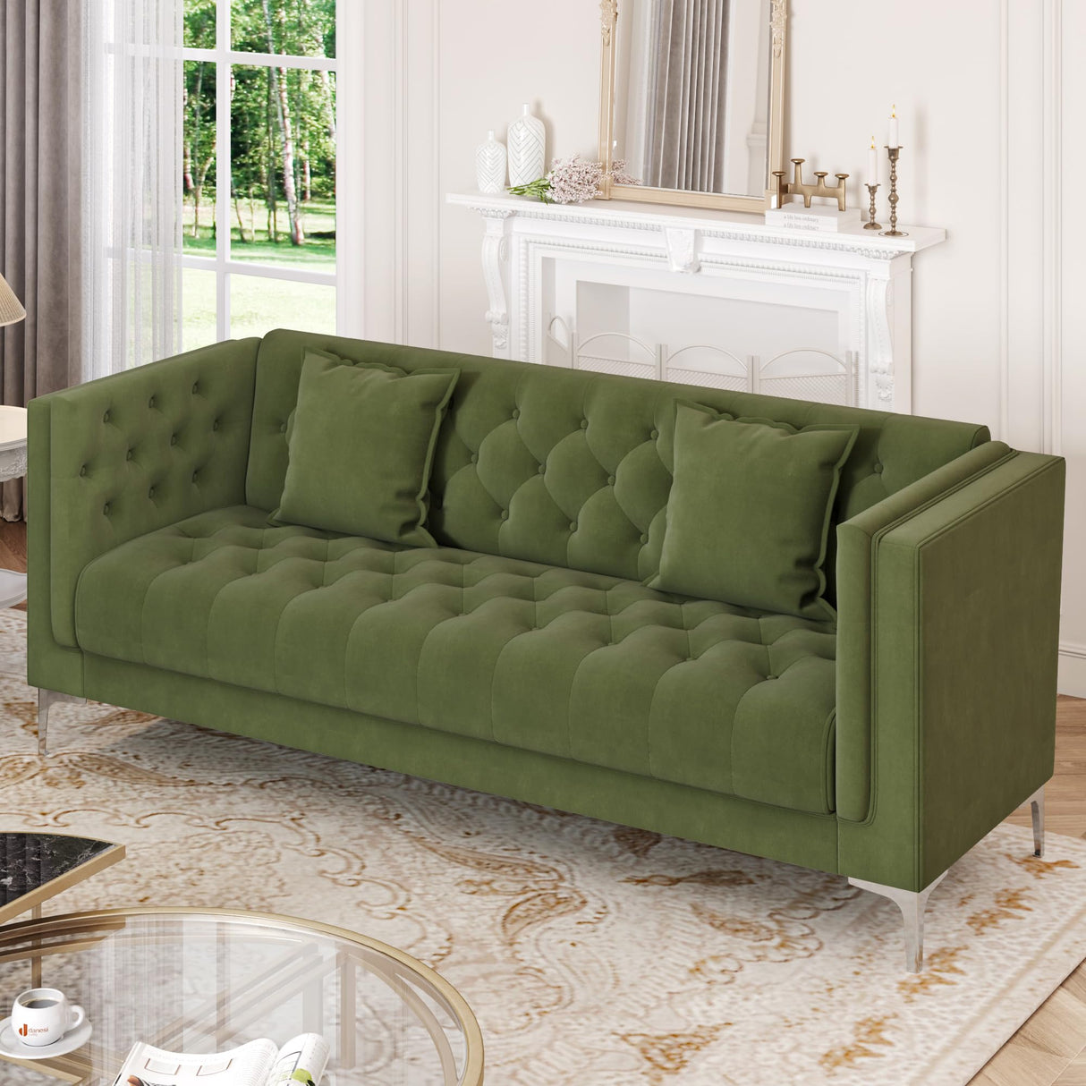 HIFIT 79" W Green Velvet Sofa Couch with 2 Pillows, 3 Seater Couches for Living Room, Handmade Button Tufted Cushions and Metal Legs, Modern Sofa for Apartment, Office HIFIT