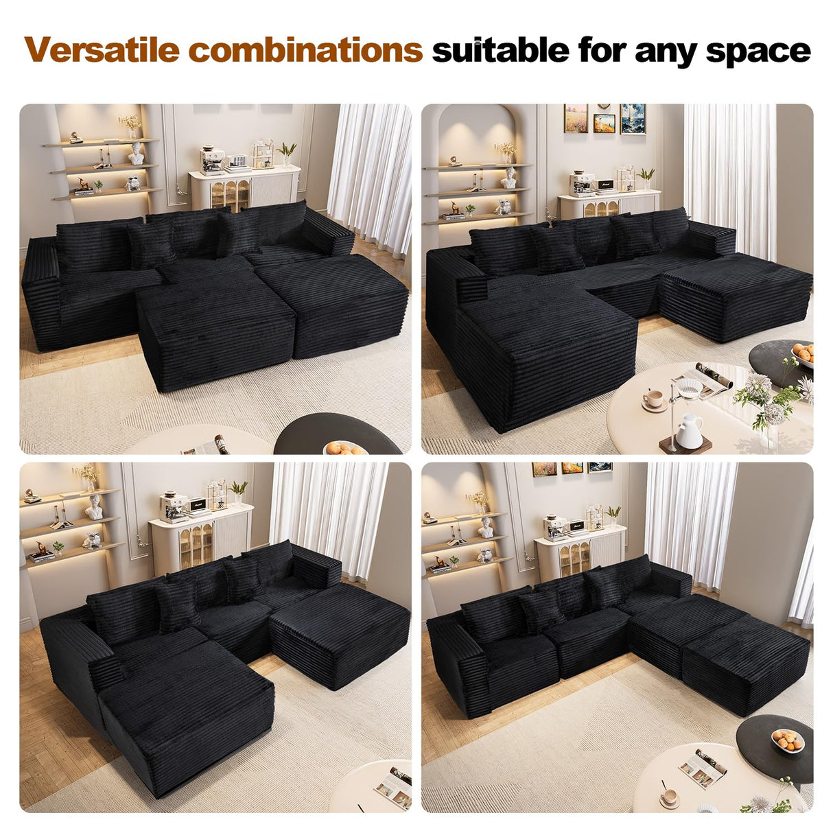 NNSNG 110" U Shaped Boneless Couches for Living Room with 2 Movable Ottomans,5 Seats Modular Cloud Sectional Couch Sofa(Black) NNSNG