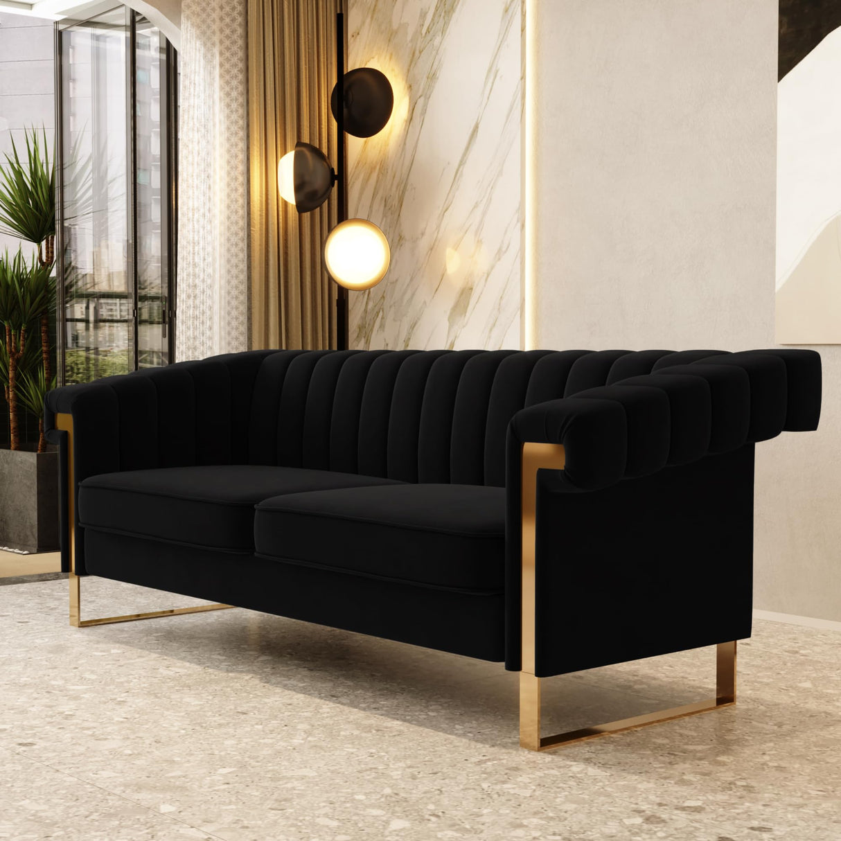 yunqishi Mid-Century Modern Black Velvet Sofa with Gold Metal Legs, 83.86" Luxury Chesterfield Comfy Couches for Living Room (Velvet, Black) yunqishi