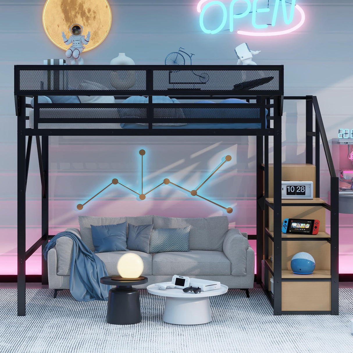 Aurnienofus Queen Size Loft Bed with Stairs and Storage, Metal Loft Bed Frame with Bedside Shelf and Large Under-Bed Space, Heavy-Duty Beds for Adults Teens and Kids, Black Aurnienofus
