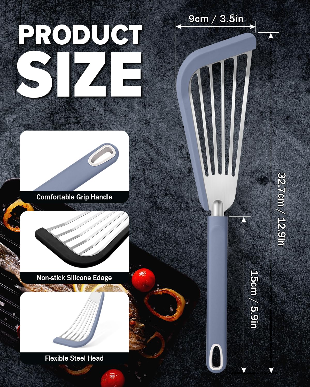 Silicone Fish Spatula Turner Set of 2, Thin Slotted Spatulas Turner for Nonstick Cookware,Heat Resistant Flexible Stainless Steel Kitchen Cooking Spatula Flipper for Fish, Egg, Pancake DaiRen Kitchen