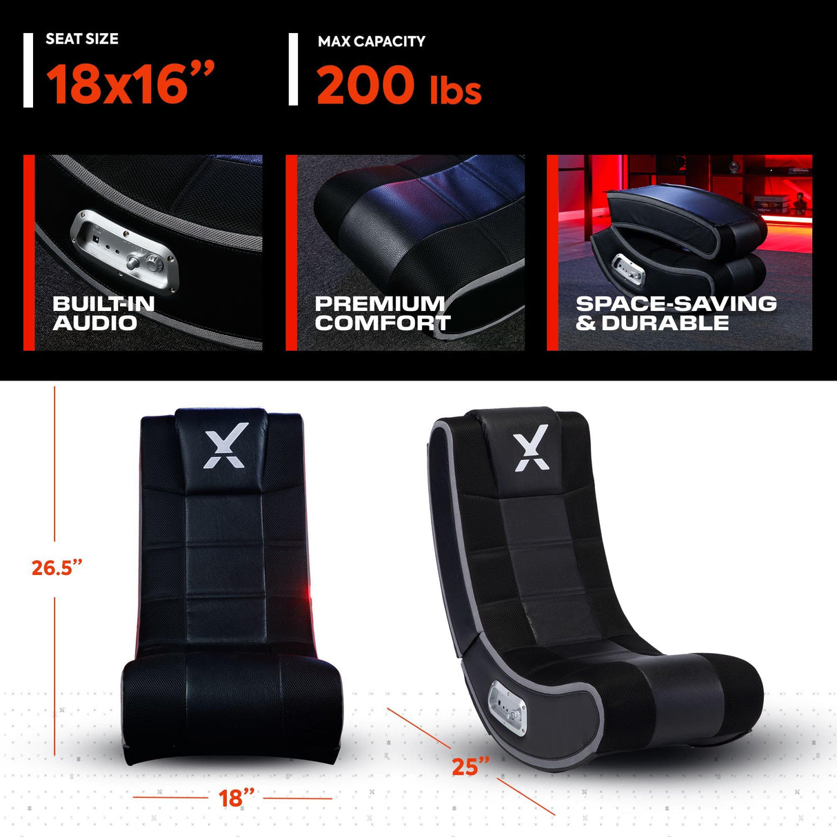 X Rocker SE 2.1 Video Gaming Floor Chair, with 2 Speakers, Subwoofer, Padded Headrest, Bluetooth, Foldable, 5130301, 25.2" x 18.4" x 16.4", Amazon Exclusive, Black X Rocker