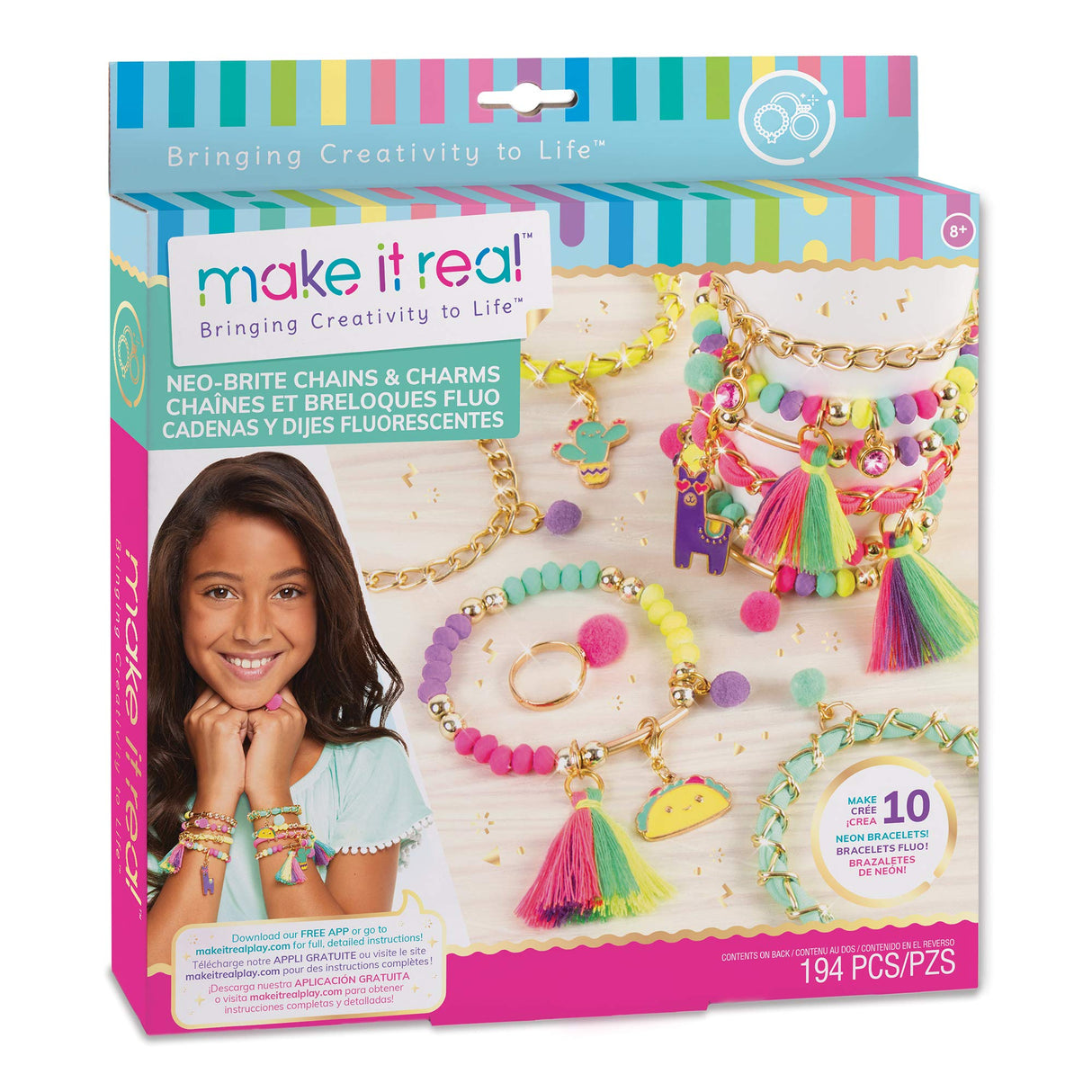 Make It Real: Neo-Brite Chains & Charms Kit - Create 10 Unique Cord & Tassel Charm Bracelets, 195 Pieces, Includes Play Tray,DIY Playful Charm & Jewelry Kit, Tweens & Girls, Arts & Crafts, Ages 8+ Make It Real