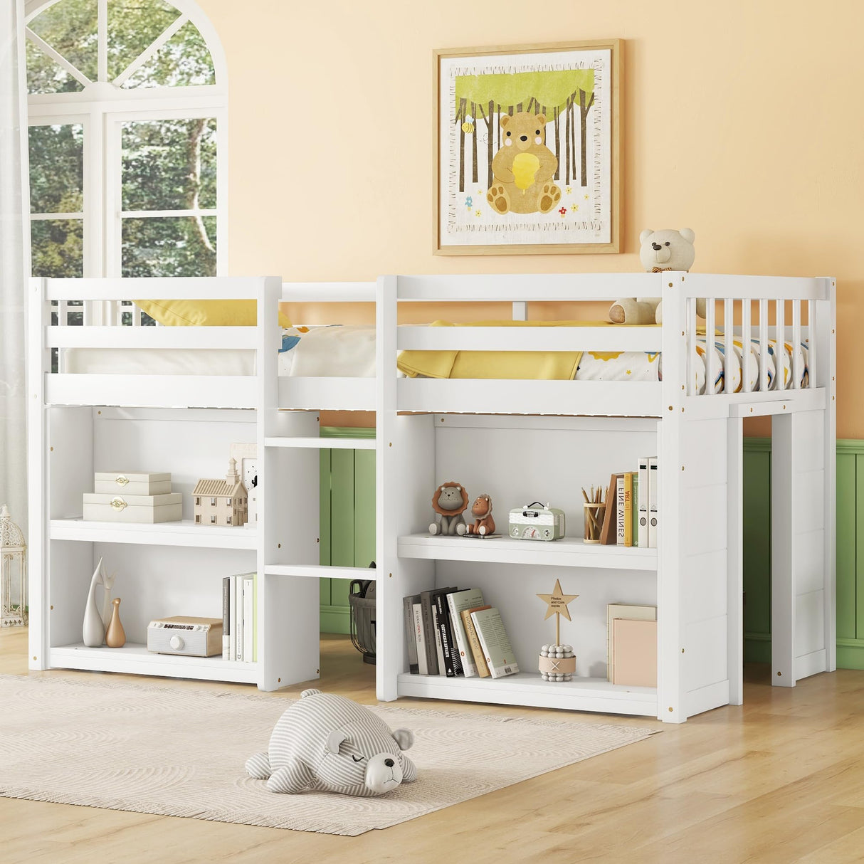 YOPTO Twin Size Low Loft Bed with Storage Shelves and LED Light - Multifunctional Pine Wood Frame for Kids, White YOPTO