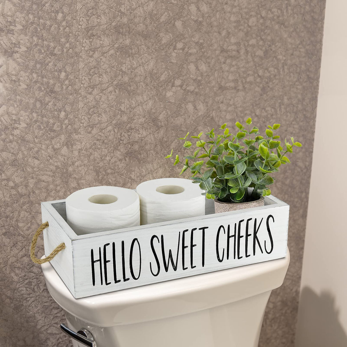 Bathroom Decor Box 2 Sides Funny Toilet Paper Holder Wood Tank Box Over Toilet Paper Storage Basket with Rope Handle Rustic Bathroom Paper Organizer Box with Funny Sign Farmhouse Home Decor Box ANRXNCY