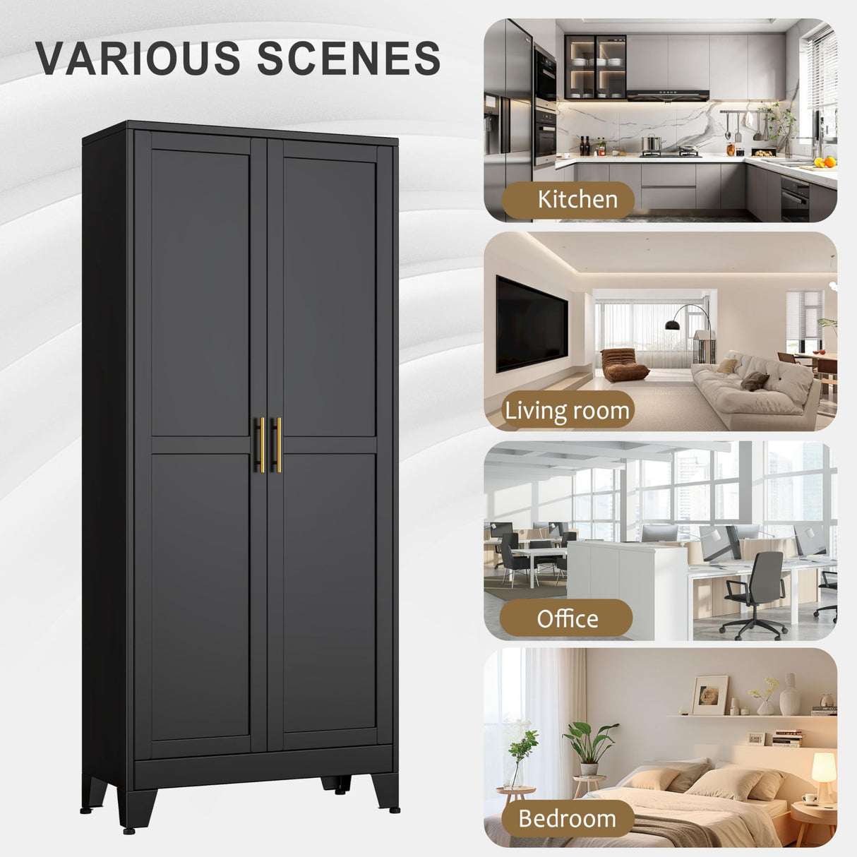 pozdeg Metal Storage Cabinet - 75” Tall Steel File Cabinets with 2 Doors and 5 Adjustable Shelves Versatile Storage Pantry Cabinet for Home Office Warehouse Garage or Outdoor (Black) pozdeg