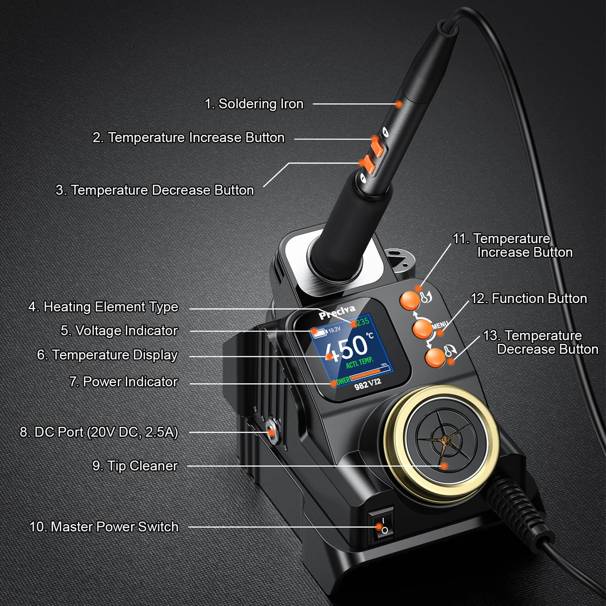 Preciva Cordless Soldering Iron Station for Dewalt 18-20V Battery - LCD Display, Fast Heating, Temperature Adjustable, °C/ºF Conversion, Removable Slag Pool, 0-8 Min Standby (Battery Not Included) Preciva