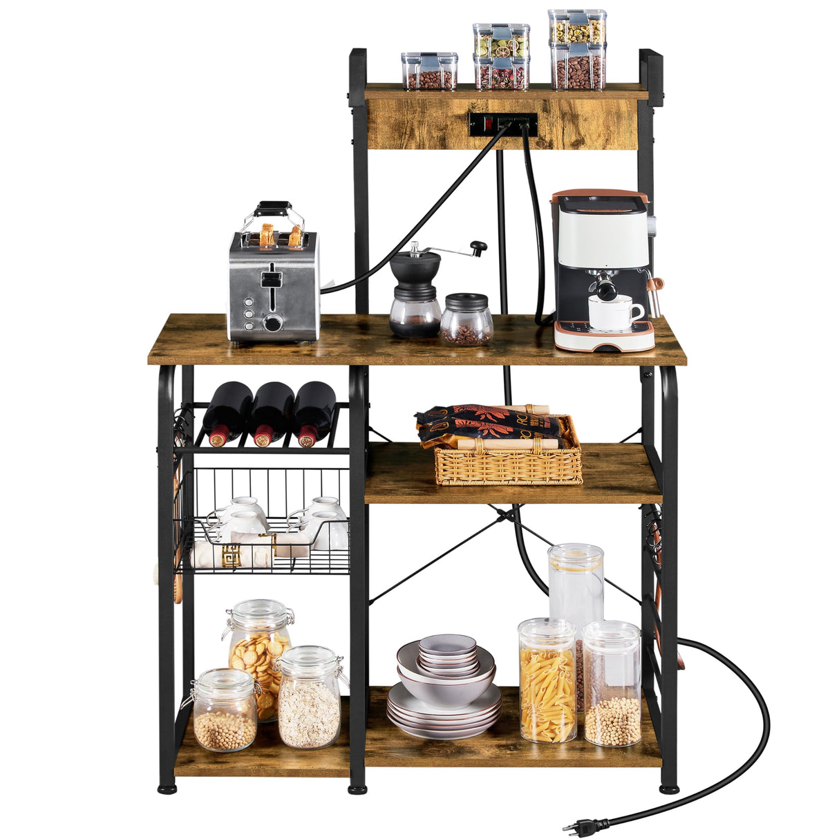 Yaheetech Kitchen Bakers Rack with Power Outlet, Coffee Bar Microwave Stand with Wire Basket and Wine Rack & 10 S-Hooks, Kitchen Island with Storage for Spices/Pots/Pans, Rustic Brown Yaheetech