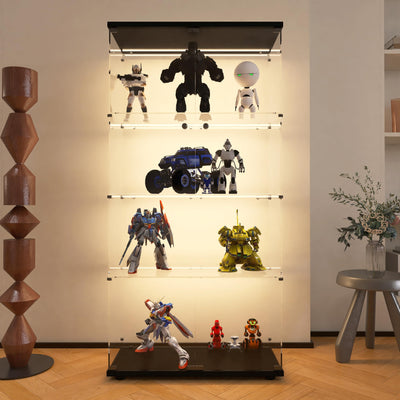 Modern 4-Tier Glass Display Shelf with 2 Doors, Curio Cabinet Collection - Floor Standing Display Case for Living Room, Bedroom, Home Office - 30" W x 14.5" D x 64" H (Black with LED Light Strip)