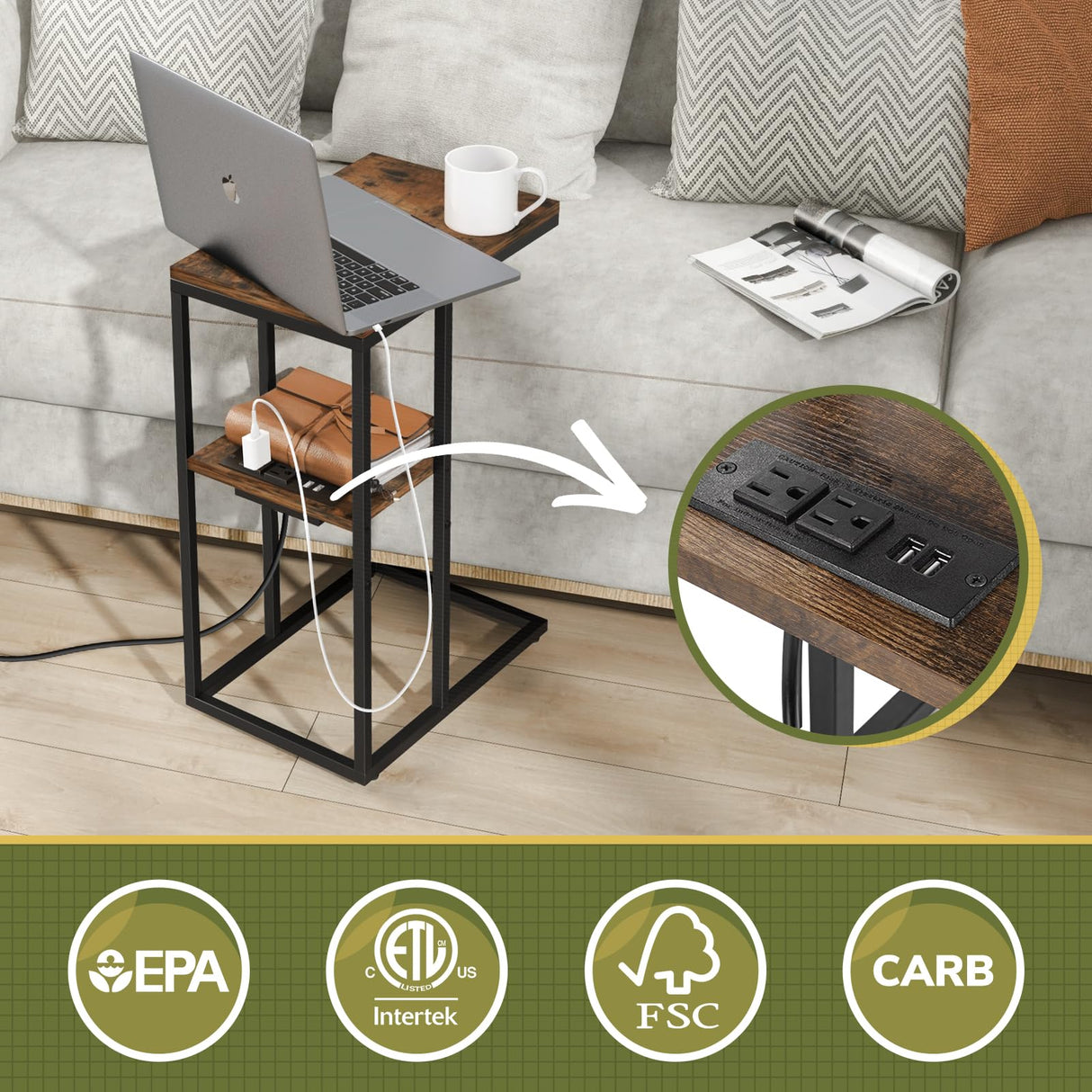 Yoobure LED C Shaped End Table with Charging Station, Small Side Tables for Living Room Bedroom, TV Tray Table with USB Ports and Outlets for Small Spaces, C Table for Couch Sofa, Bed Side Table Yoobure