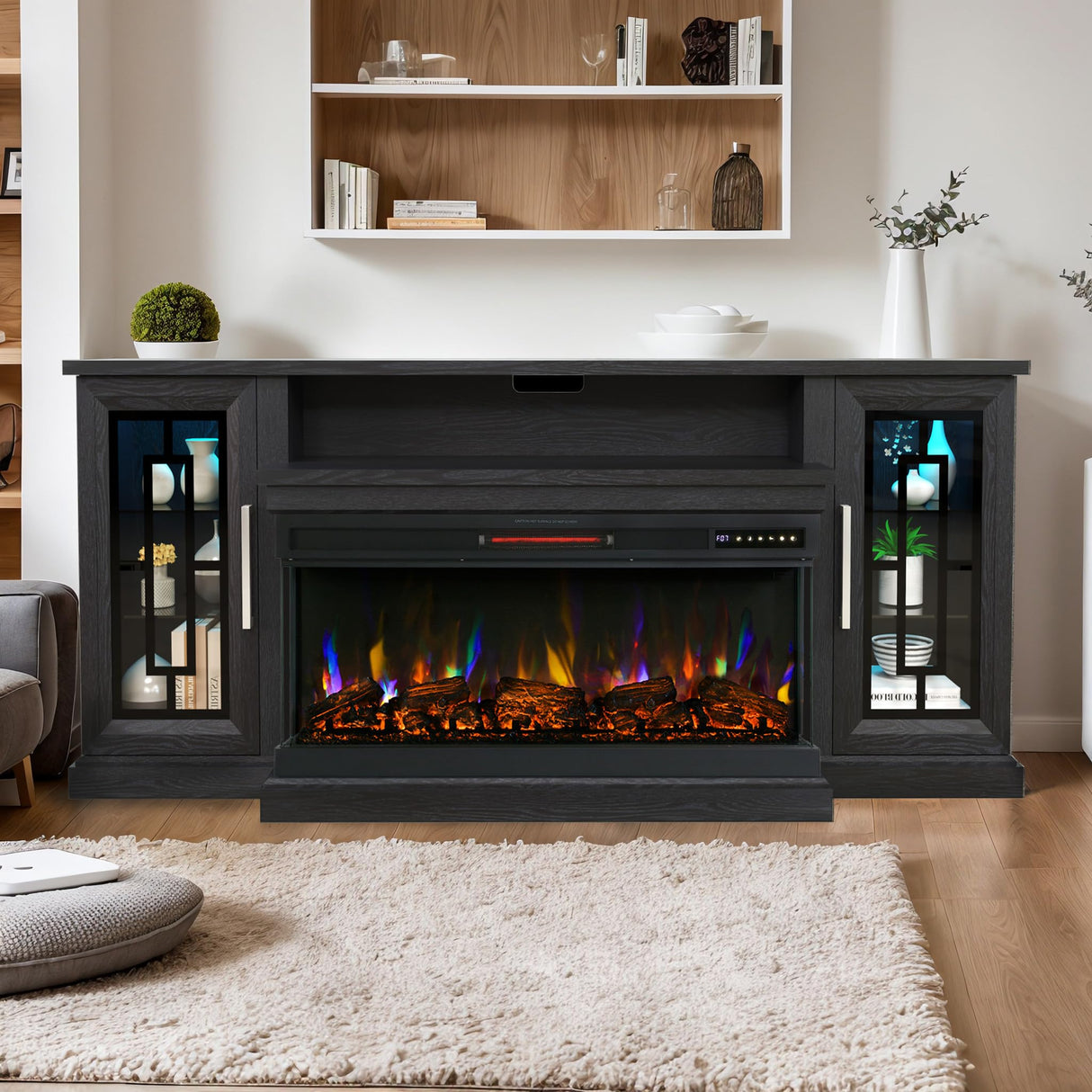 Unineo 75 Inch Electric Fireplace TV Stand, 3- Side Glass LED Modern Media Entertainment Center Console Table for TVs up to 80/85 Inch w/Adjustable Flame, 40’’ Fireplace, Highboy, Black Unineo