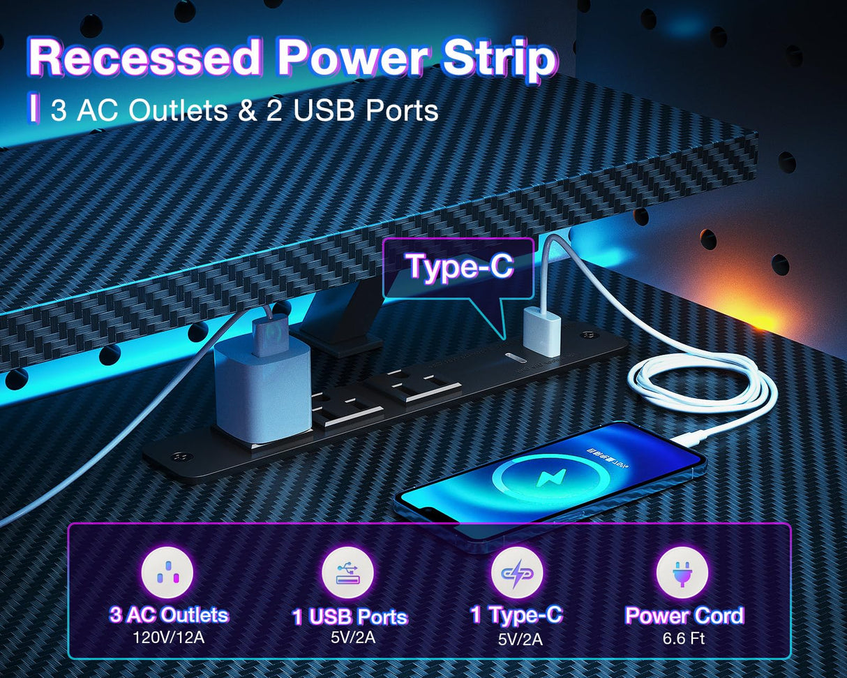 ODK Reversible Gaming Desk with USB Charging Port and LED Lights, 40 Inch Computer Desk with Storage Shelves & Monitor Stand, Study Table for Home Office, Small Space Bedroom, Carbon Fiber Black ODK