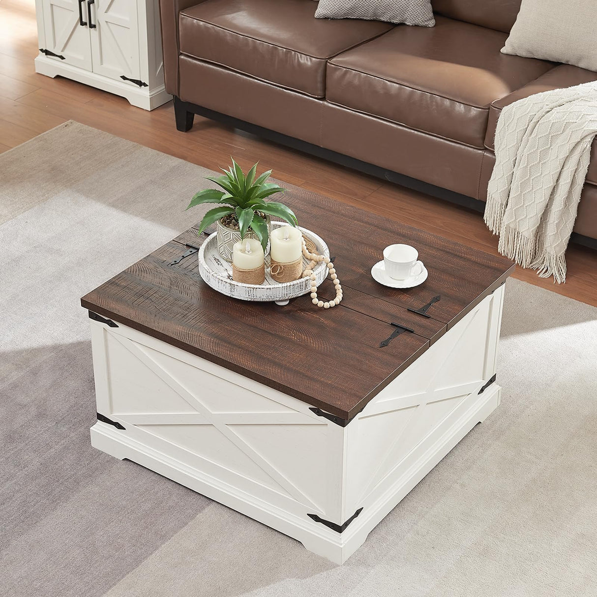 Barnyatoh Farmhouse Square Coffee Table with Storage, Wood Center Table with Hinged Lift Top, Rustic Cocktail Table with Large Hidden Storage Compartment for Living Room, Bedroom,Antique White Barnyatoh