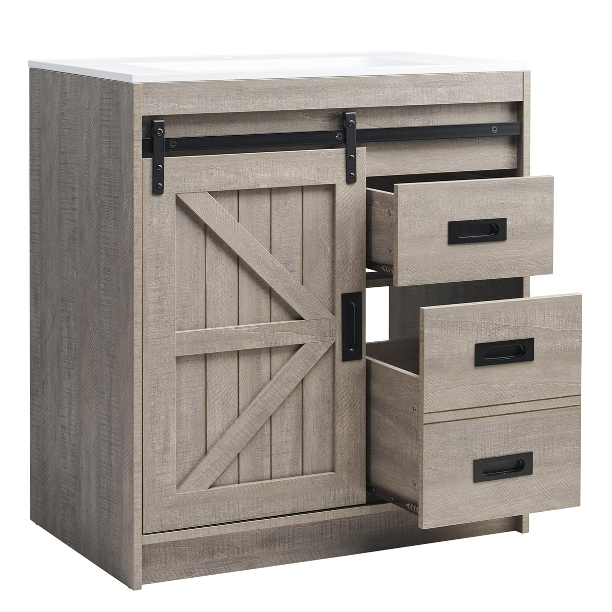 AMERLIFE Farmhouse Bathroom Vanity with Sink Combo, 31in Sliding Barn Door Bathroom Vanity Cabinet Set with Storage Drawers, Metal Handles, Small Single Bath Storage Vanity Sink, Light Grey AMERLIFE