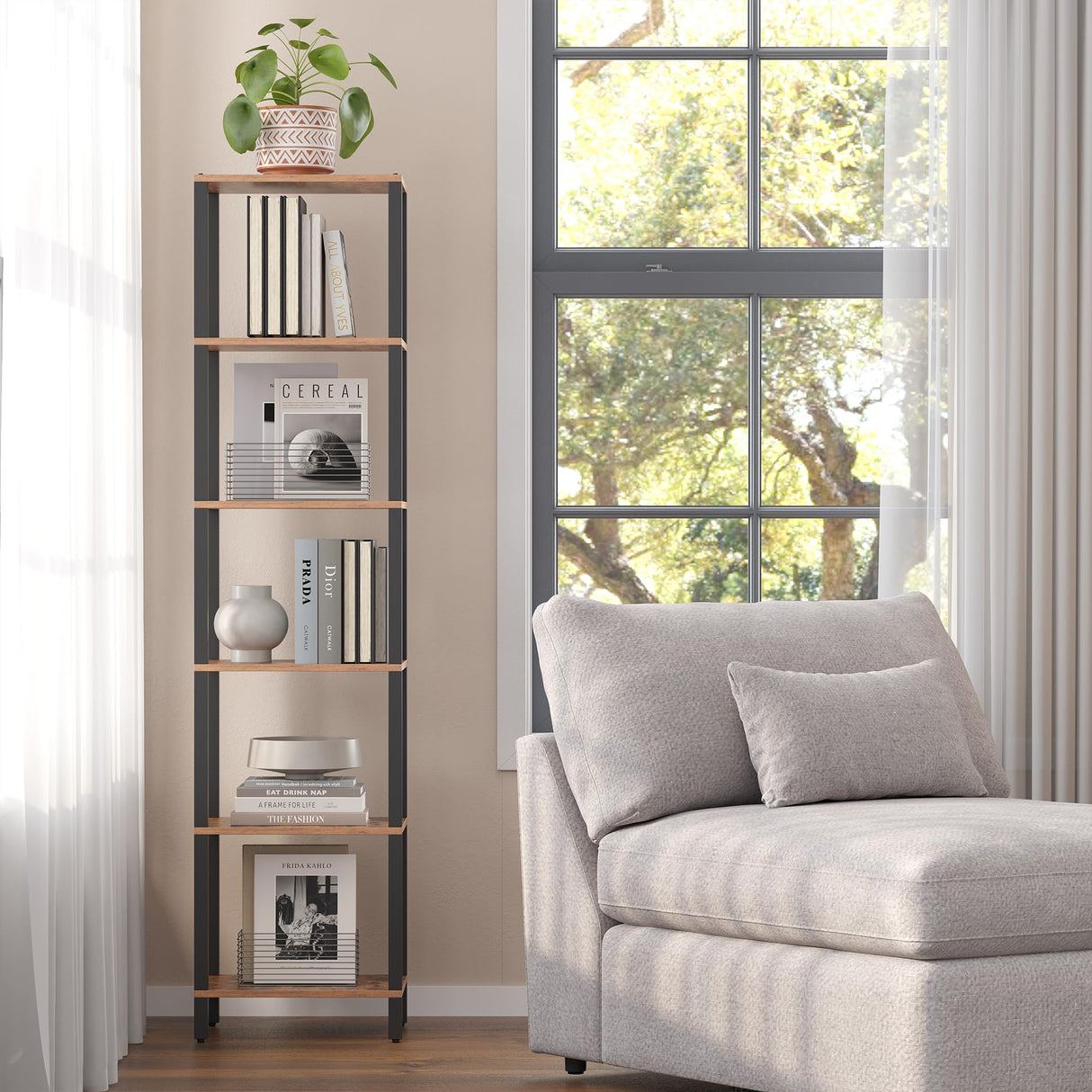 TUTOTAK Bookshelf, 6-Tier Tall Book Shelf, Narrow Bookcase for Small Space, DIY Stackable Bookshelf, for Living Room, Office, Study, Entryway, Industrial, Rustic Brown BS01BB006 TUTOTAK