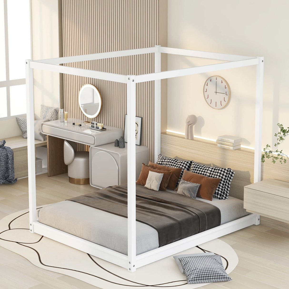 Bellemave Queen Size 4-Poster Canopy Floor Bed Frame in White - Durable Wood Platform with Slat Support Bellemave