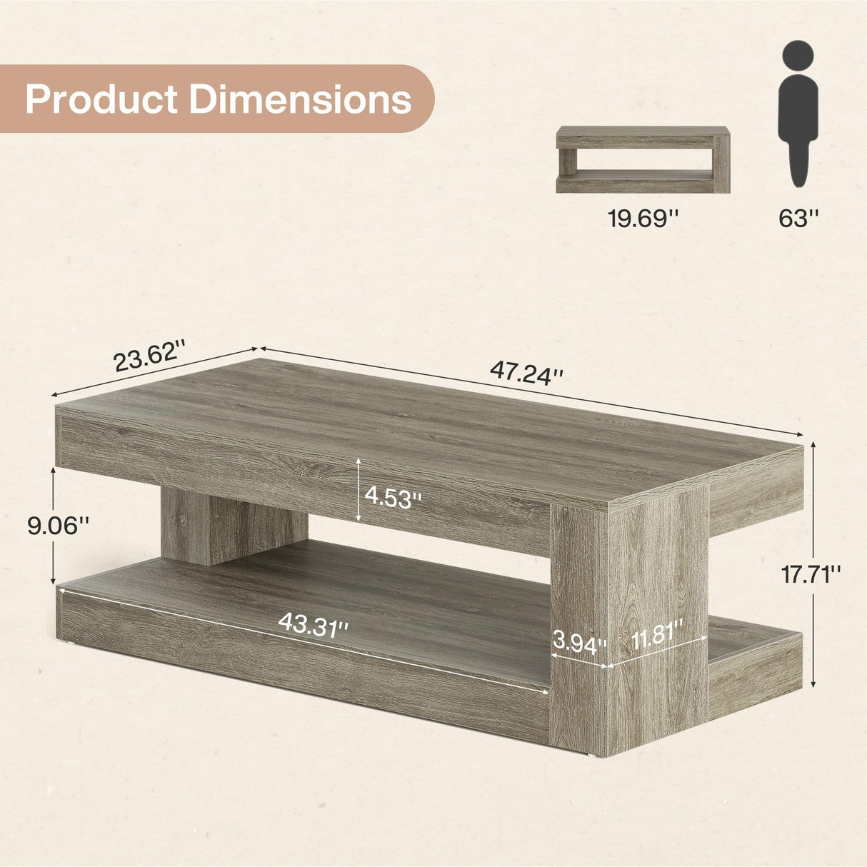 Tribesigns Coffee Table for Living Room, 47.24 Inch Farmhouse 2-Tier Accent Center Tea Cocktail Table with Storage, Elegant Grey, Rectangular Tribesigns