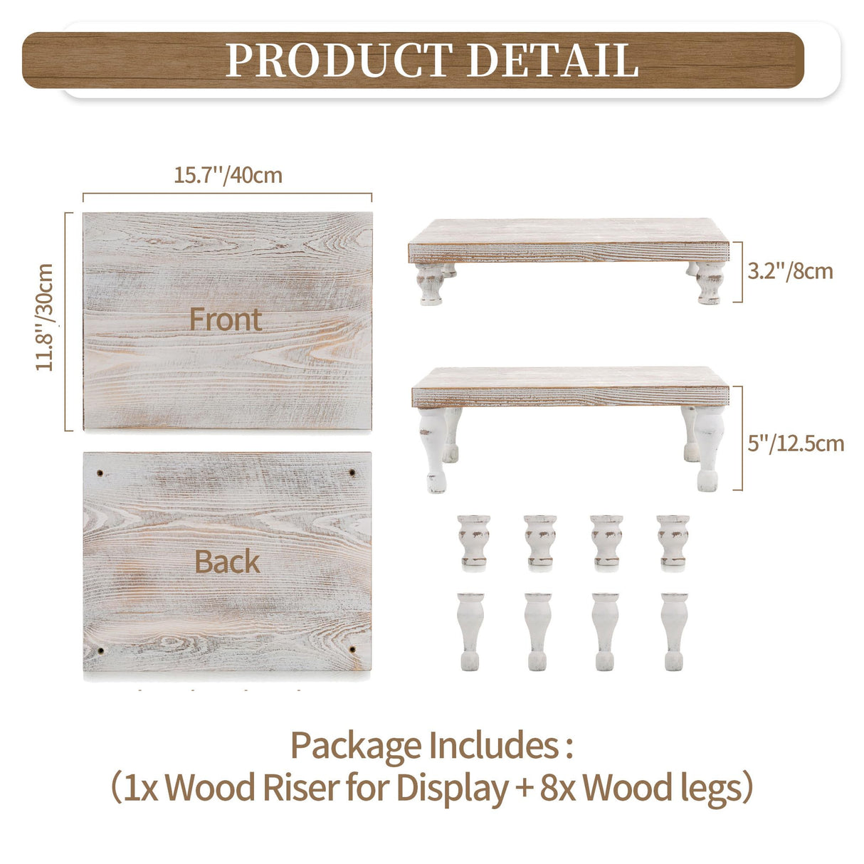 Hanobe Wooden Riser Decorative Tray: Farmhouse Wood Pedestal Display Stand Rustic Whitewashed Tray Riser Centerpiece for Coffee Bar Kitchen Dining Room Home Table Decor, Short & Tall Footed Hanobe