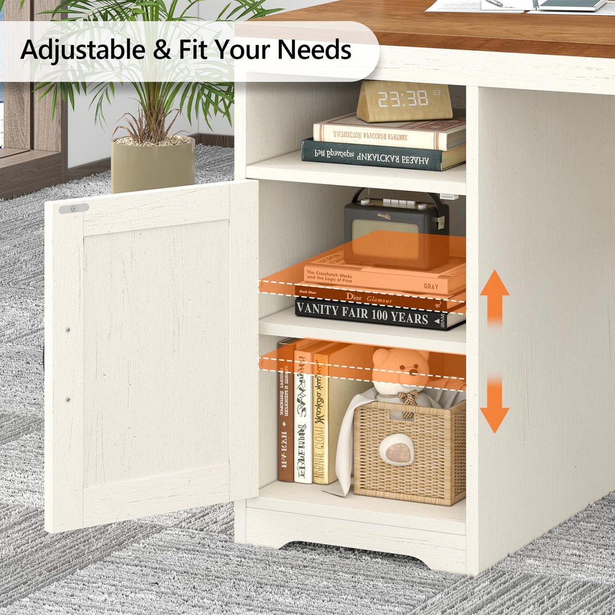 TVU Farmhouse Computer Desk with Drawers, 65'' Home Office Desk with Power Outlets, Storage Cabinet and Printer Stand, Study Writing Desks with Long Monitor Stand, White TVU