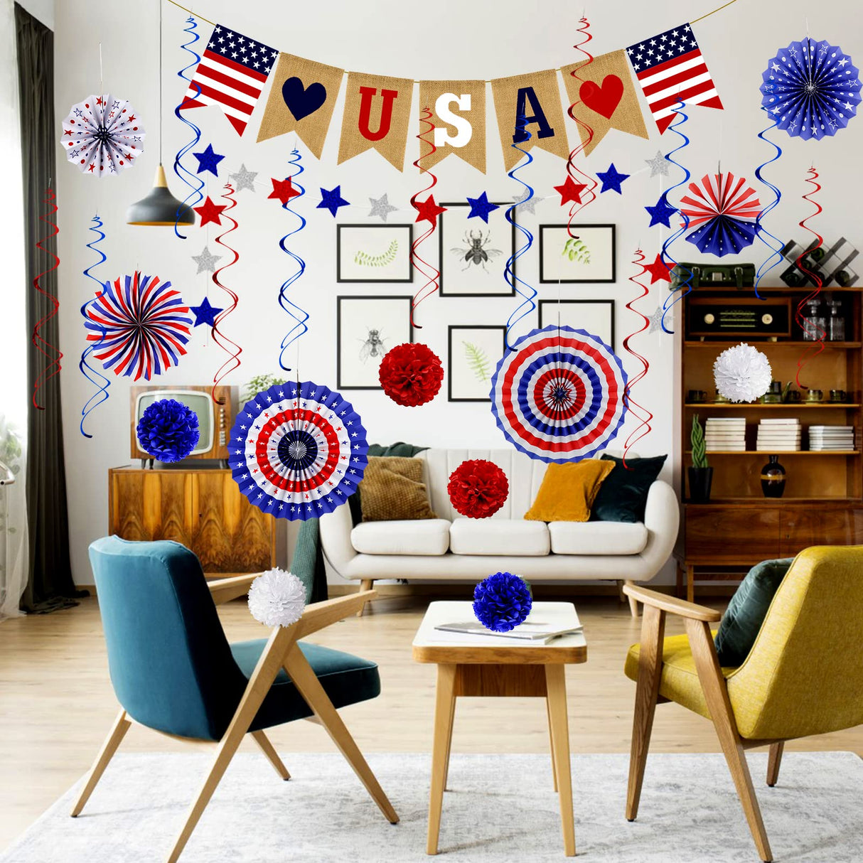 Labrostar 26Pcs Patriotic Decorations - Red, White & Blue USA Flag Party Pack for Fourth of July, Includes Paper Fans, Pom Poms, Hanging Swirls, Banner & Star Streamer Labrostar