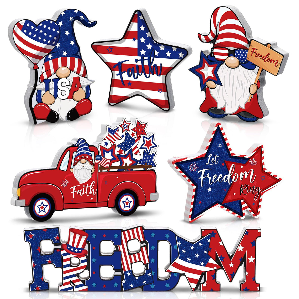Qunclay 6 Pieces Patriotic Table Decor Memorial Day Table Decorations Wooden Gnome Freedom Truck Star 4th of July Table Signs for Veterans Day Independence Day Table Topper Decor Supplies (No Base) Qunclay