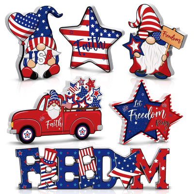 Qunclay 6 Pieces Patriotic Table Decor Memorial Day Table Decorations Wooden Gnome Freedom Truck Star 4th of July Table Signs for Veterans Day Independence Day Table Topper Decor Supplies (No Base)