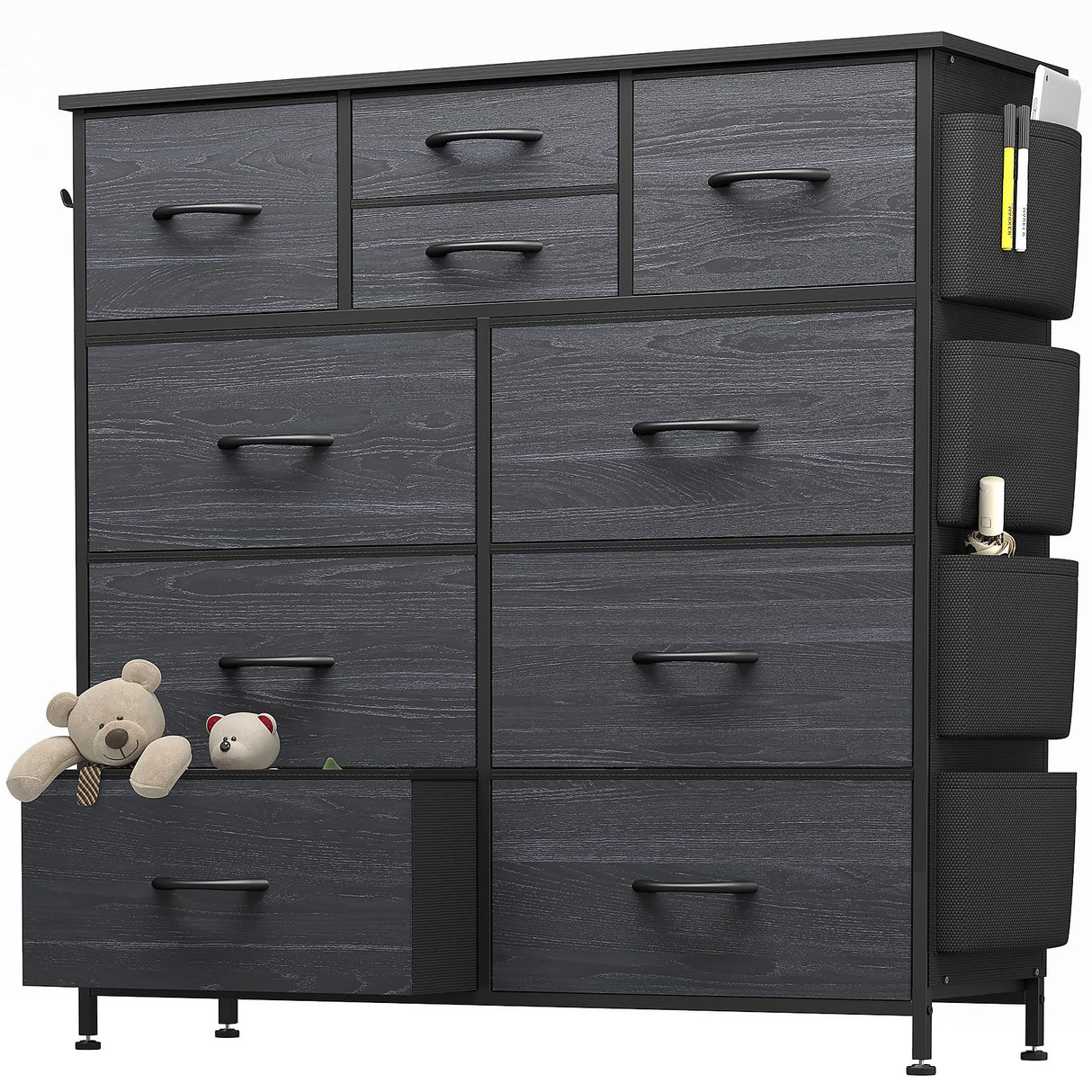 YaFiti Dresser for Bedroom with 10 Drawers, Chest of Drawers with Side Pockets, Hooks, Wooden Top and Sturdy Metal Frame, Fabric Dresser Drawers for Living Room, Hallway (Black Wood Veins) YaFiti