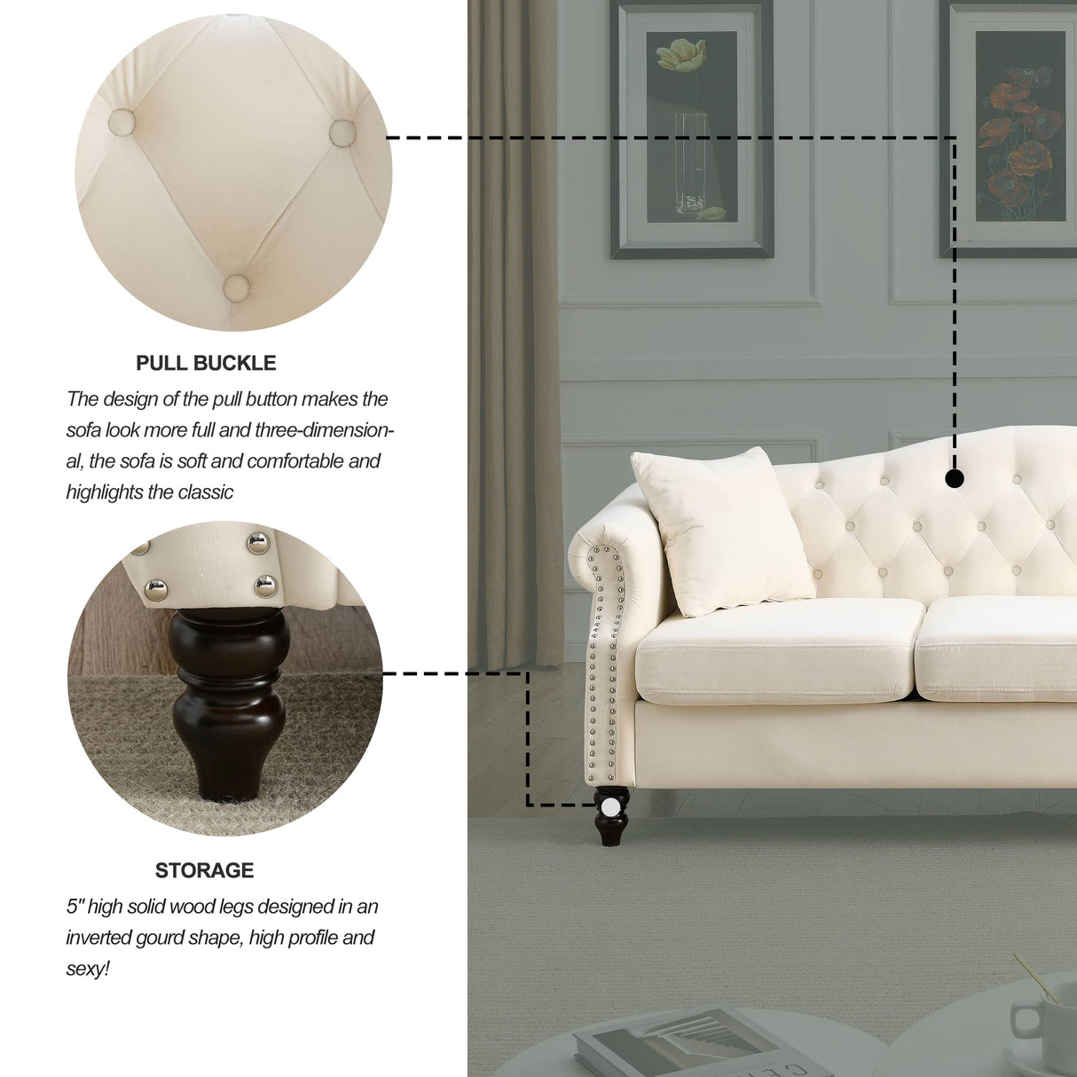 79" Chesterfield Sofa Couch for 3, Velvet 3 Seater Tufted Couch Chesterfield 3 Person Sofa with Two Pillows, Nailhead & Rolled Arms and Curved Backrest for Living Room (Beige) Bellemave