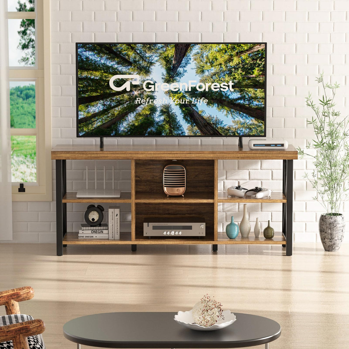 GreenForest TV Stand for TV up to 65 inches, Entertainment Center with 6 Storage Cabinet for Living Room, 55 inch Farmhouse Television Stands Console Table, TV stands for Living Room, Walnut GreenForest