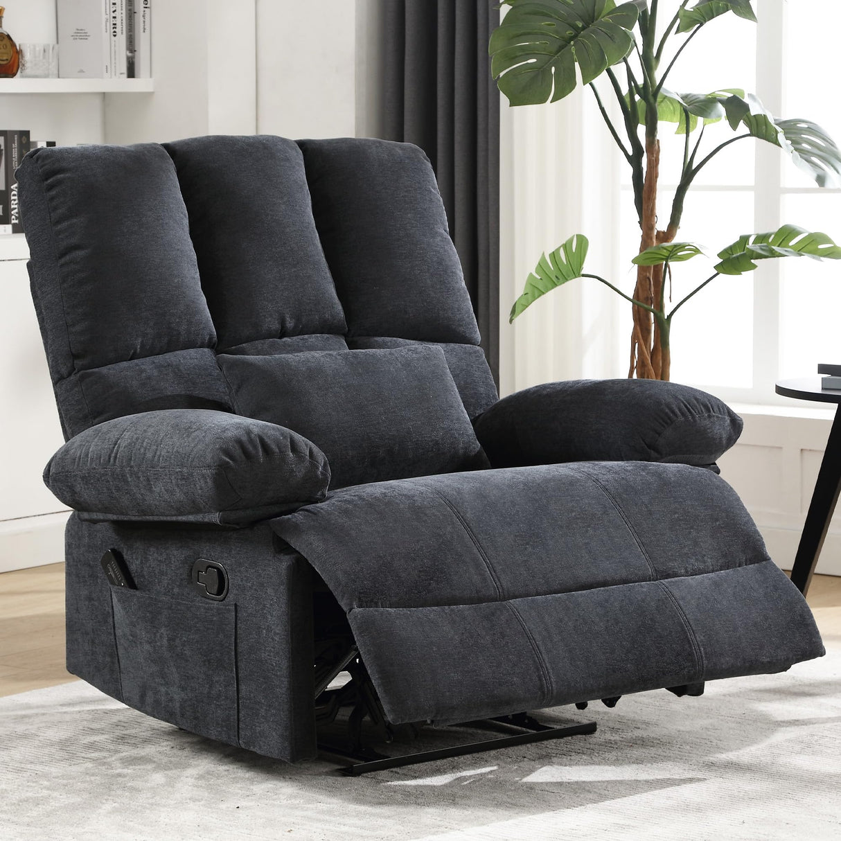 Oversized Recliner Chair 350 lb Weight Capacity, Plus Size 28 inch Large Wide Seat Manual Comfortable Fabric Recliner for Adults Living Room with Pockets Massage Heated Pillow (Modern, GREY-6008) HOMYEDAMIC