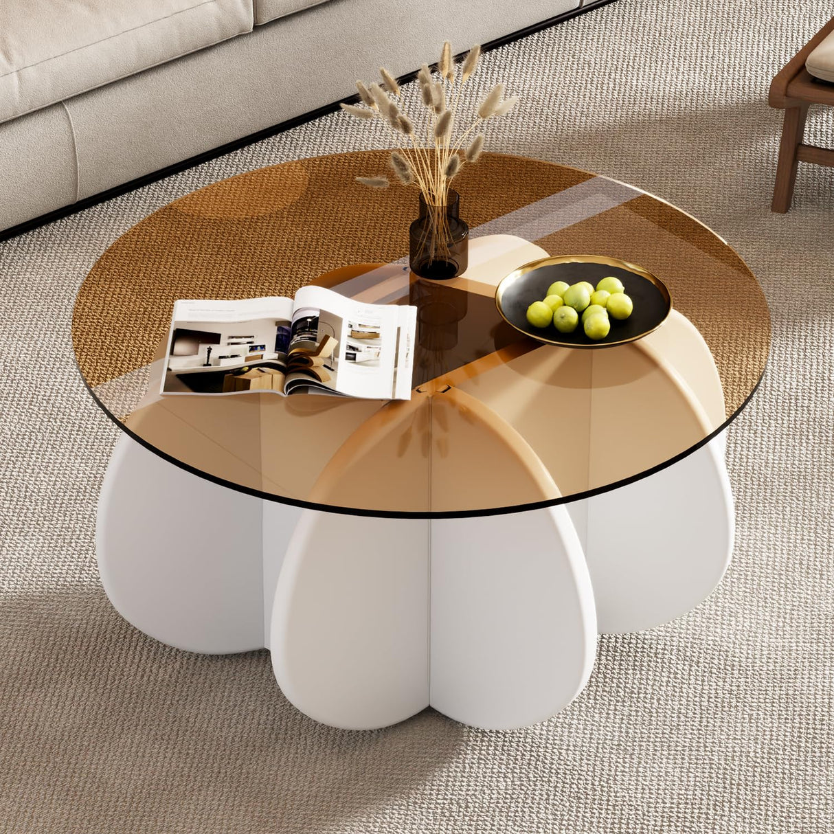 Glass Coffee Table, Mid Century Modern Design, 31.5'' Modern Round Tempered Glass Coffee Tables for Living Room, Cocktail Table for Small Space Home Office. (White + Brown) Yaruifnt
