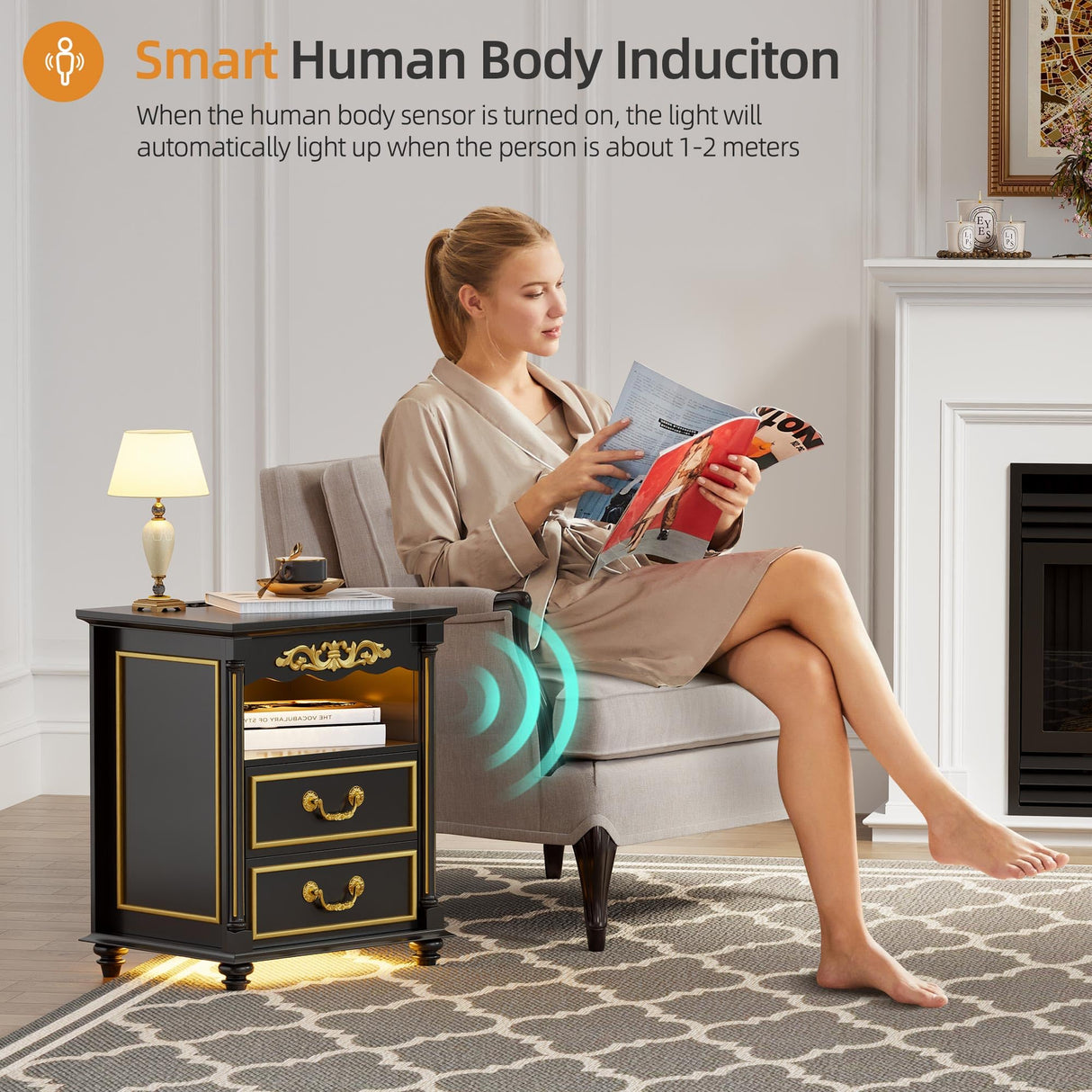 Gurexl Farmhouse Nightstand with Gun Drawer, 20" Vintage Bedside Table with LED Lights & Charging Station, Tall Rustic Wood Sofa Side End Table with 2 Drawers for Bedroom (Black) Gurexl