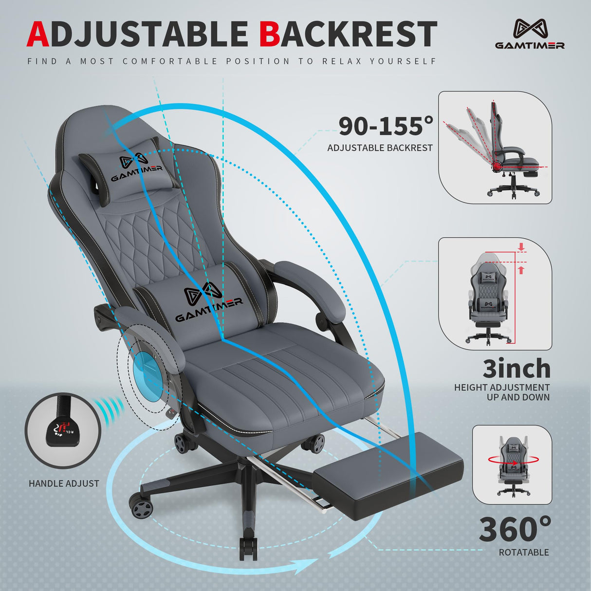 Gaming Chair with Footrest, Ergonomic Computer Chair, PU Breathable Material with Headrest and Lumbar Support, Suitable for Silla Gamer and Adults (Grey) Gamtimer