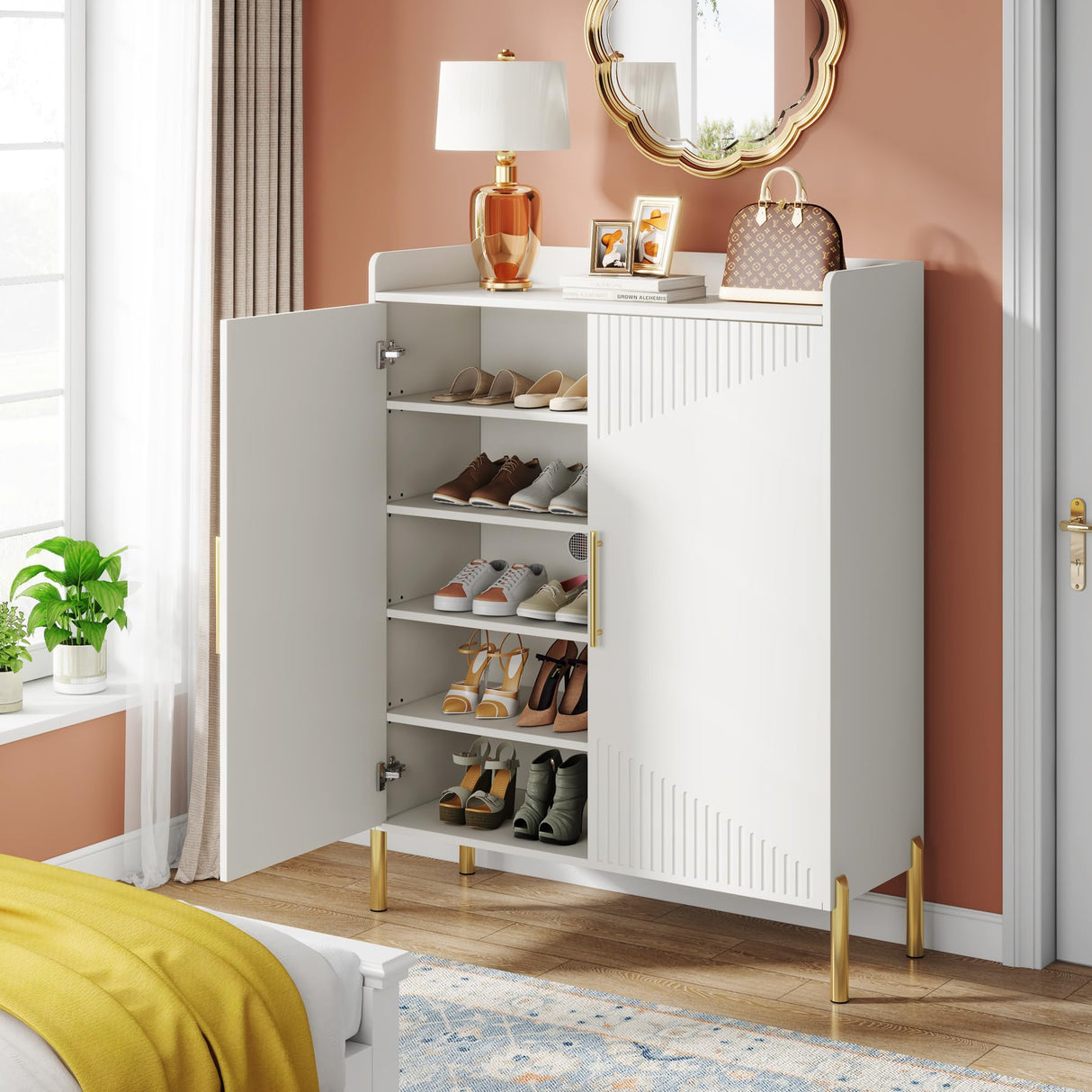 Tribesigns Large Shoe Cabinet with Doors, 6-Tier Entryway Shoe Storage Cabinet with Shelves, 30 Pairs Modern Shoes Rack Organizer for Hallway, Closet, Bedroom, Living Room, White & Gold Tribesigns