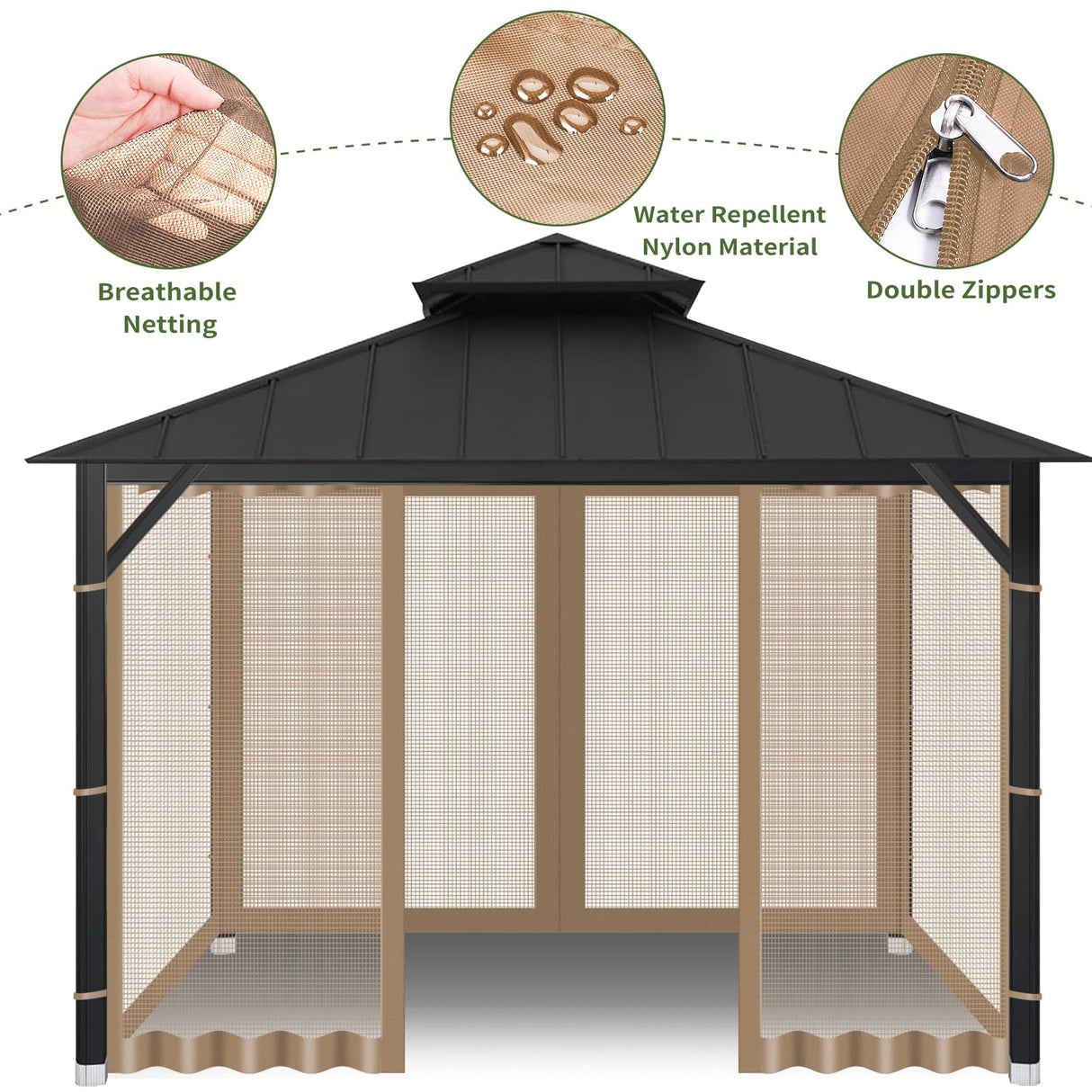 Gazebo Universal Replacement Mosquito Netting, Outdoor Canopy Net Screen 4-Panel Sidewall Gazebo Curtains, with Zippers, Easy to Install, Fit for Most Canopy, Patio, Khaki (10' X 12') WoodArtSupply