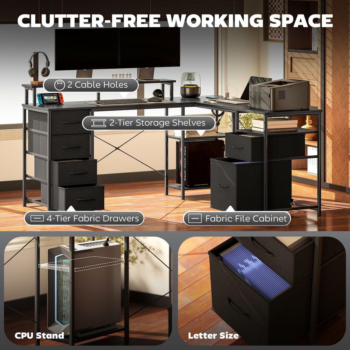 HOMCOM 66" L Shaped Gaming Desk, Reversible, 105" 2 Person Computer Desk with File Cabinet and Fabric Drawers, Power Outlets and LED Lights, Monitor Stand, Distressed Black HOMCOM