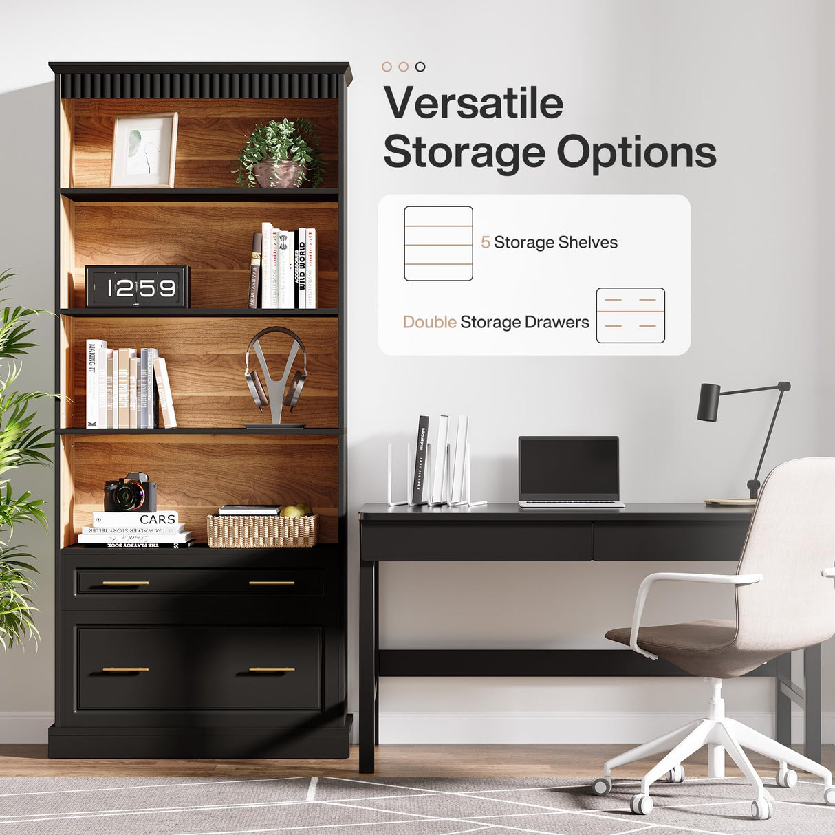 Tribesigns 5-Shelf Bookcase with File Cabinet Drawer, 72" Tall Bookshelf, Modern Free-Standing Wood Bookcase, Large Open Display Storage Book Shelf for Living Room (1, Black) Tribesigns