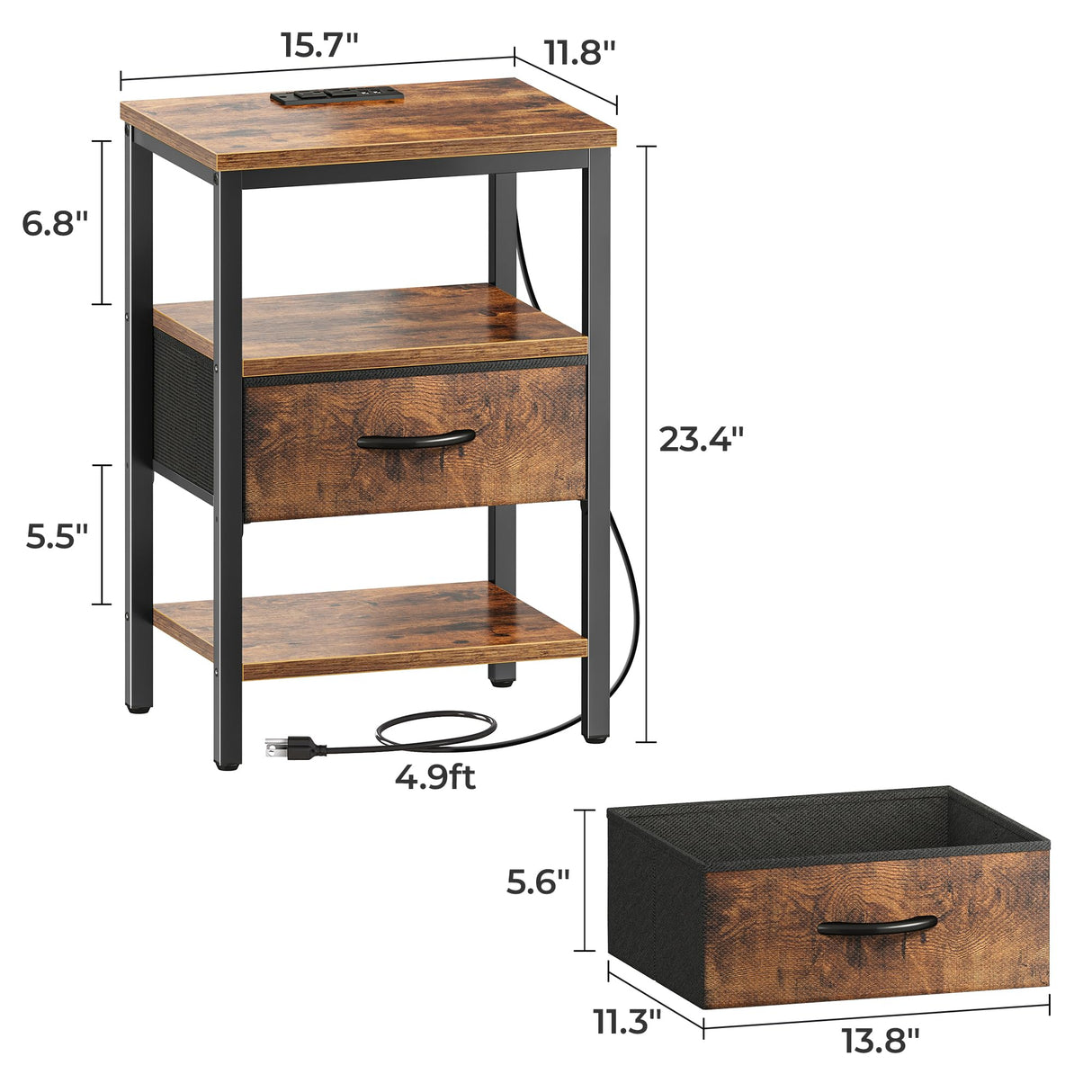 SUPERJARE Nightstand with Charging Station, Bed Side Table with Adjustable Fabric Drawer, Night Stand for Bedroom, 3-Tier Storage End Table, for Living Room, Rustic Brown SUPERJARE