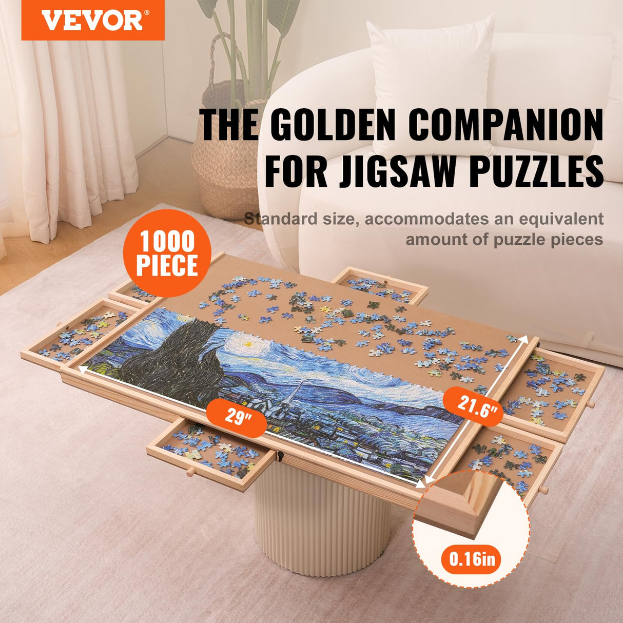 VEVOR 1000 Piece Puzzle Board with 6 Drawers and Cover, 29"x21.6" Rotating Wooden Jigsaw Puzzle Plateau, Portable Puzzle Accessories for Adults, Puzzle Organizer & Puzzle Storage System, Gift for Mom VEVOR
