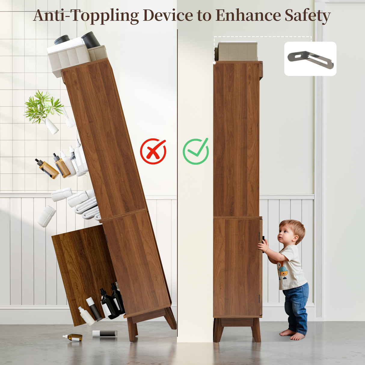 Bifins 68" Tall Bathroom Storage Cabinet,Narrow Fluted Tower Cabinet with Door and Shelves,Slim Space Saving Storage Unit for Bathroom Kitchen Living Room (Walnut, 11.8" D x 15.75" W x 68" H) Bifins