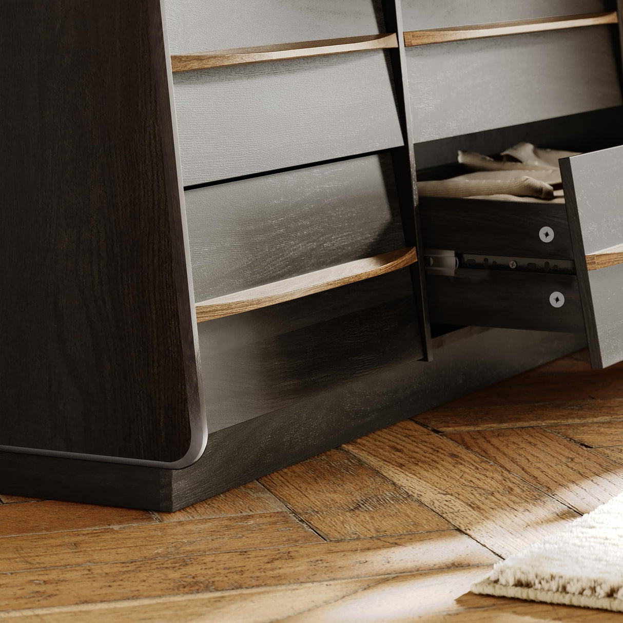 63" W 9-Drawer Black Dresser for Bedroom, Modern Wood Chest of Drawers w/LED Light, Round Knobs & Solid Wood Handles, Long Wooden Dresser TV Stand w/Shelf for TVs up to 75", Curved Profile Design STO'SENSE